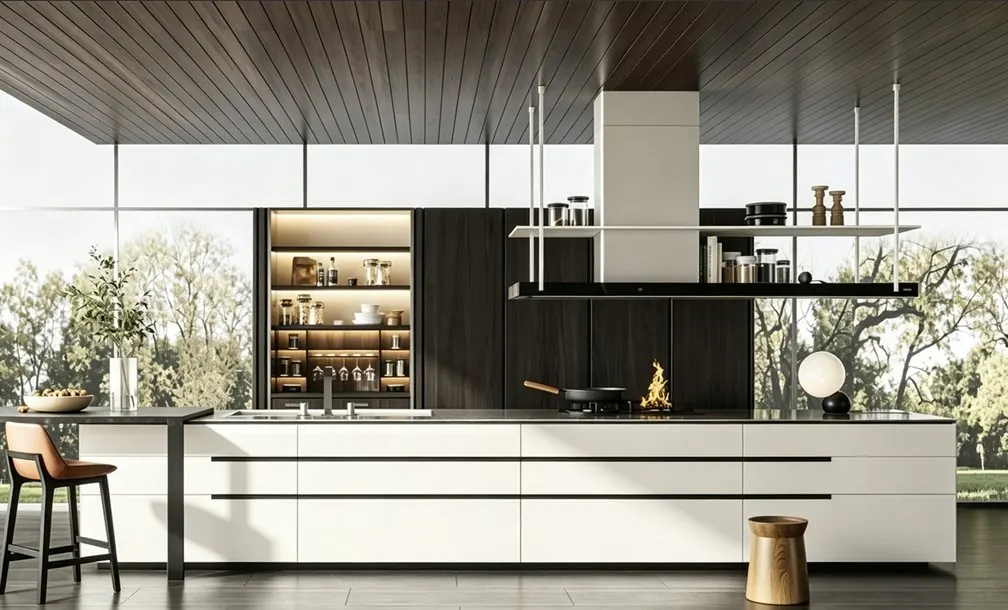 Featured installation: island kitchen — white fronts, dark timber