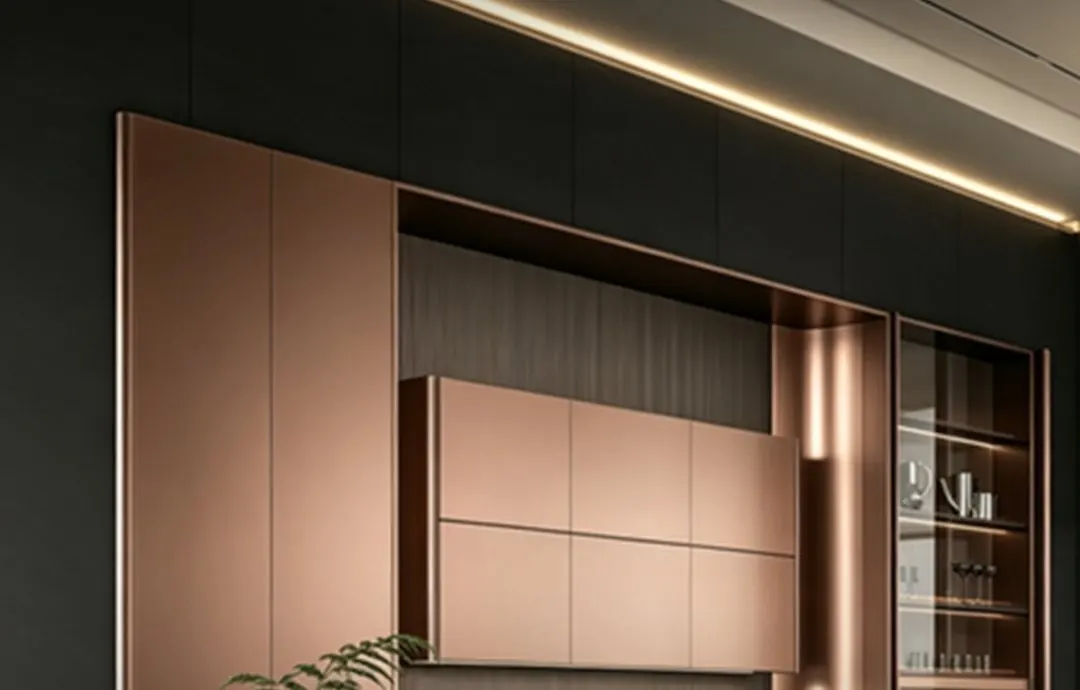 Featured installation: copper-finish tall units
