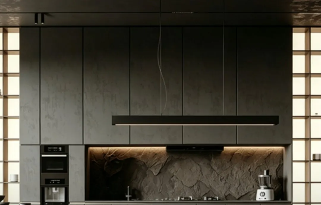 Dark kitchen with stone splashback