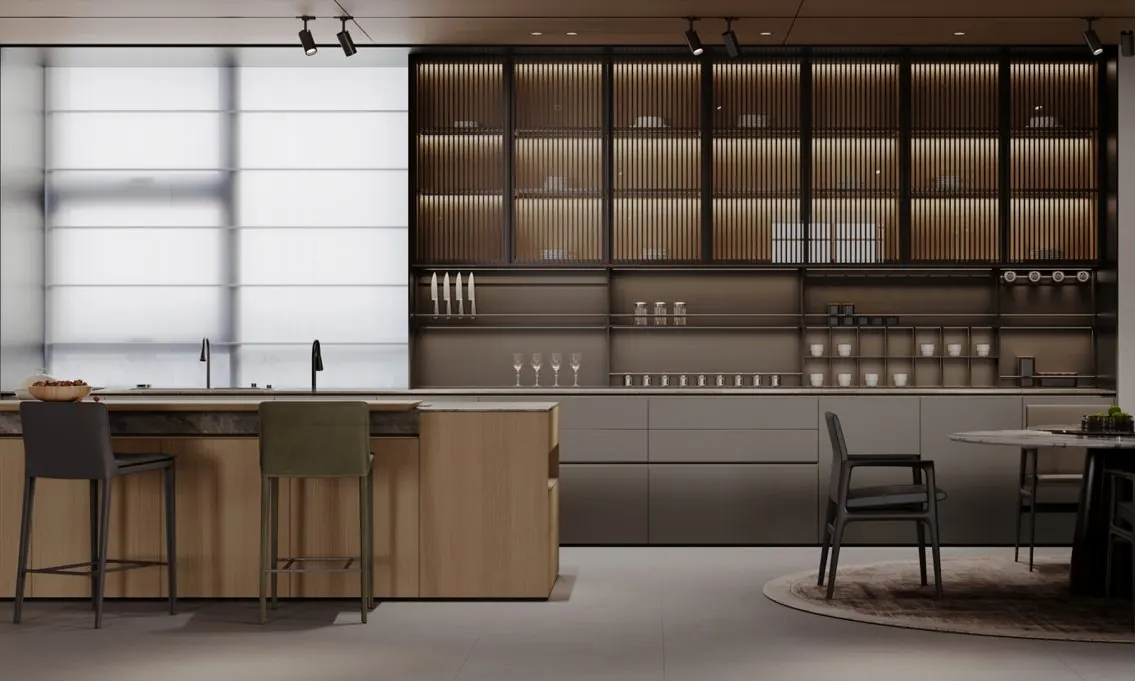 Open kitchen with glass display cabinets