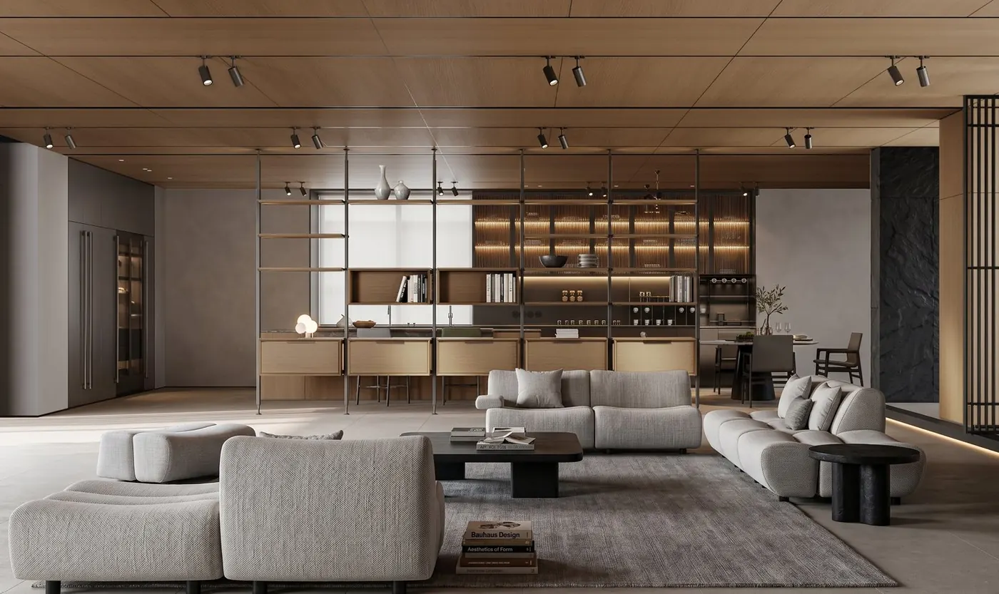 Living space with timber ceiling and shelving