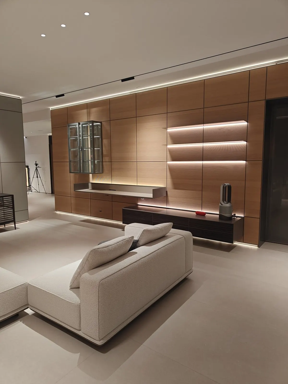 Showroom living area, timber wall panels