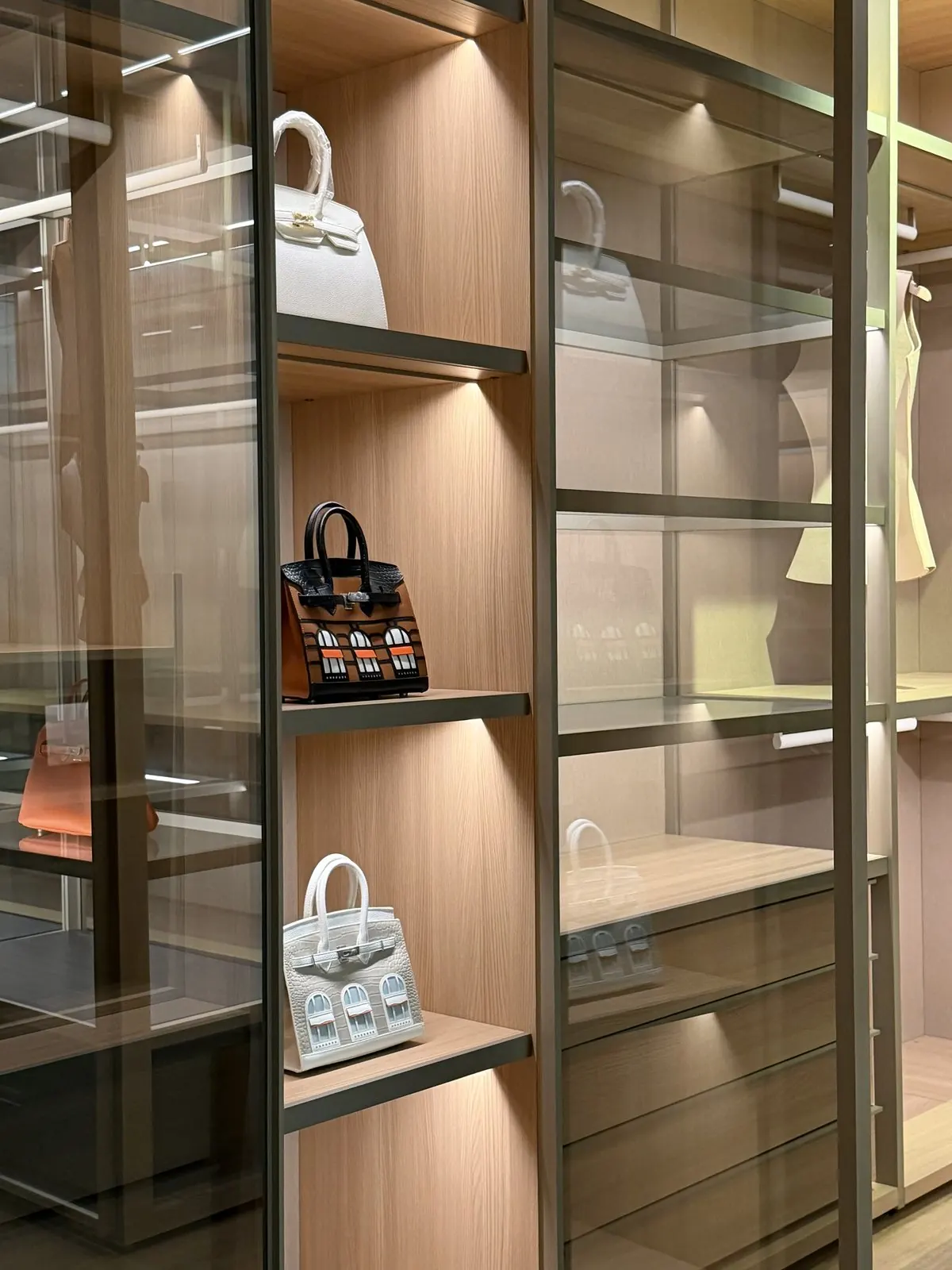 Glass display cabinets, integrated lighting