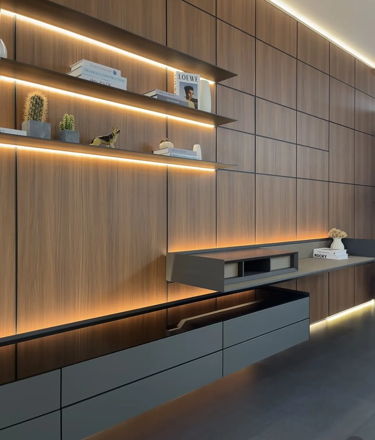 Wall unit with floating LED shelves