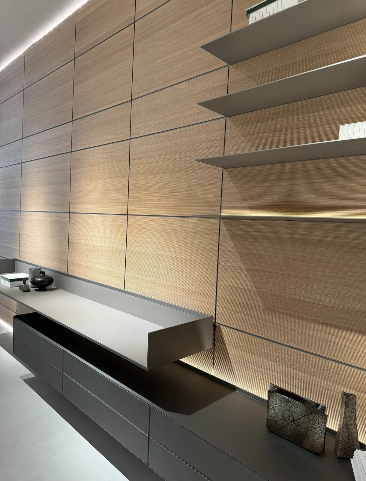 Timber wall panels and floating shelves