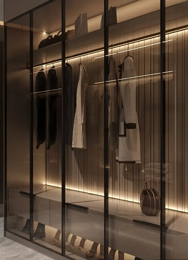 Smoked glass wardrobe, LED-lit