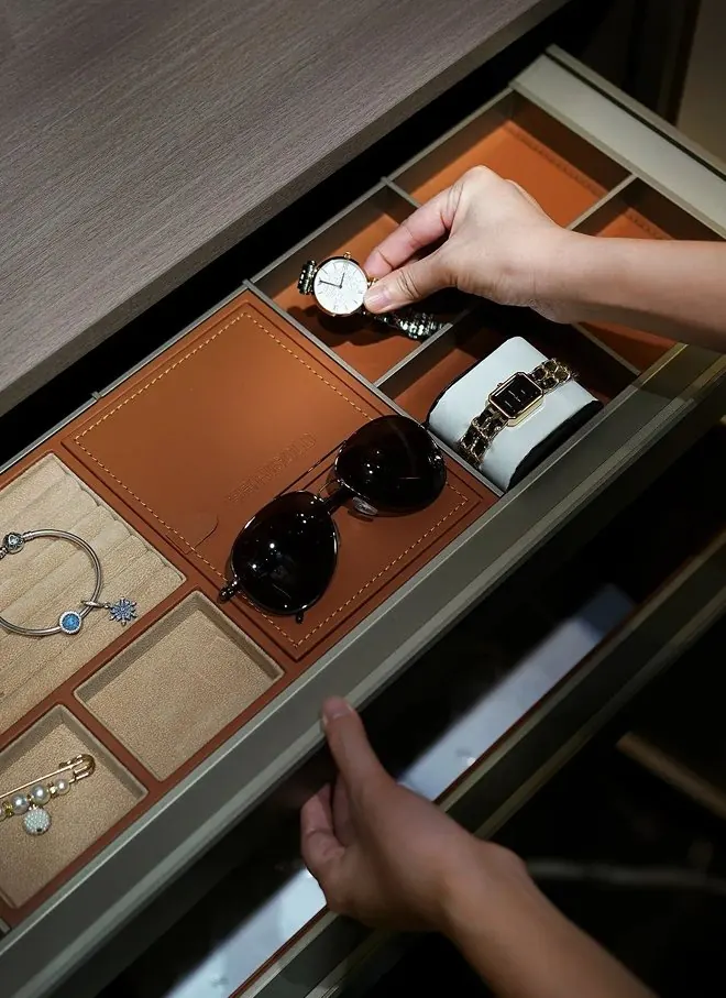 Leather-lined accessory drawer