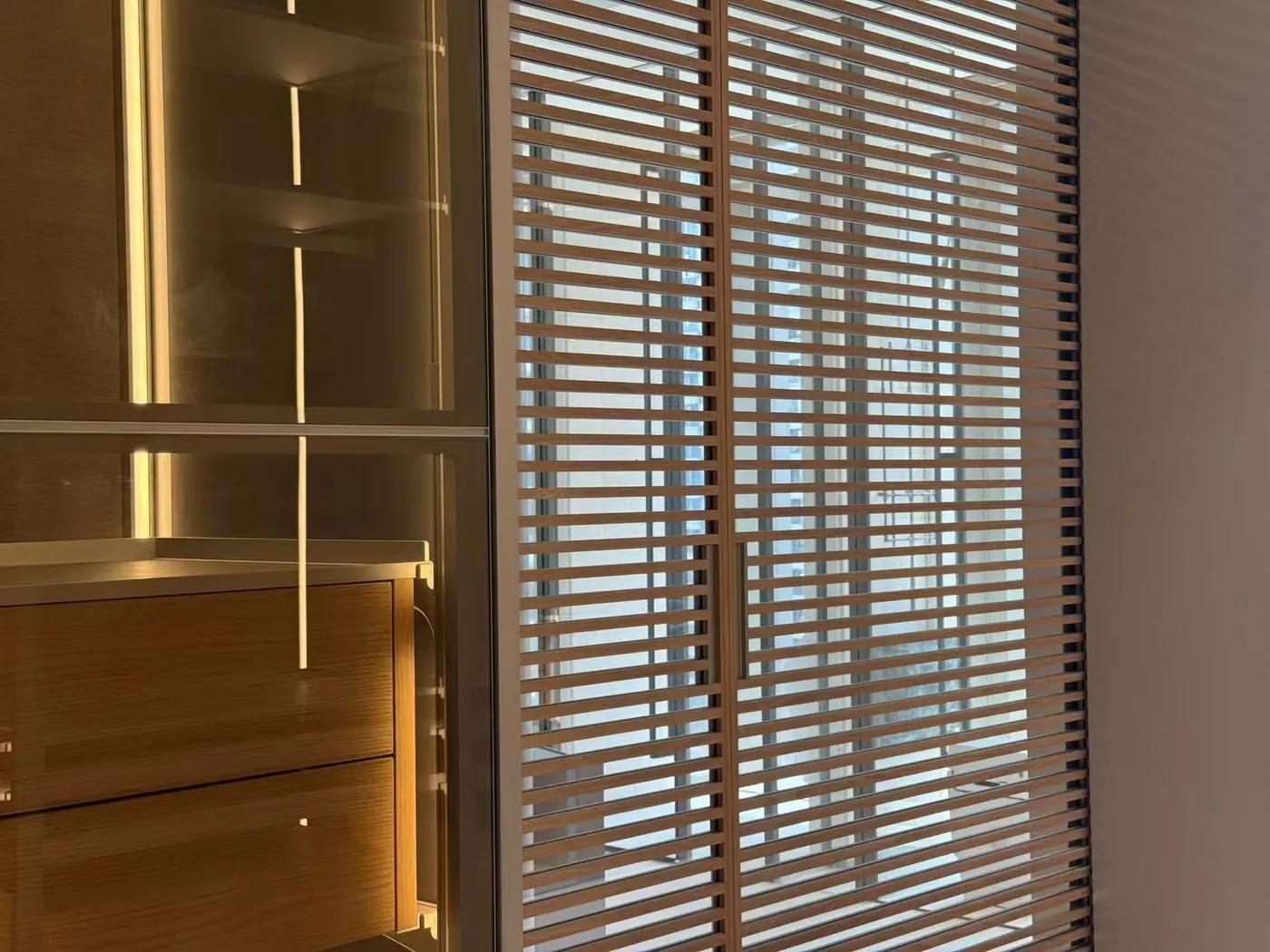 Slatted door with LED display shelves