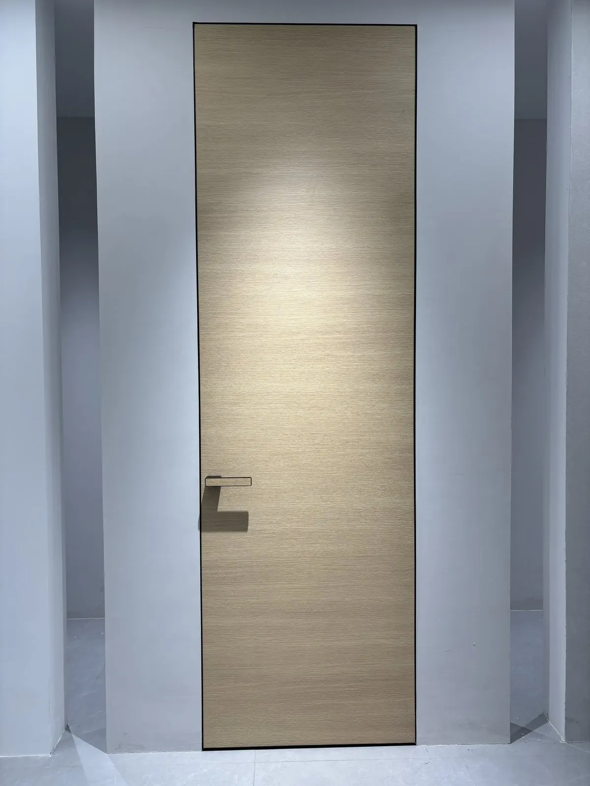 Flush wood door in a lit niche