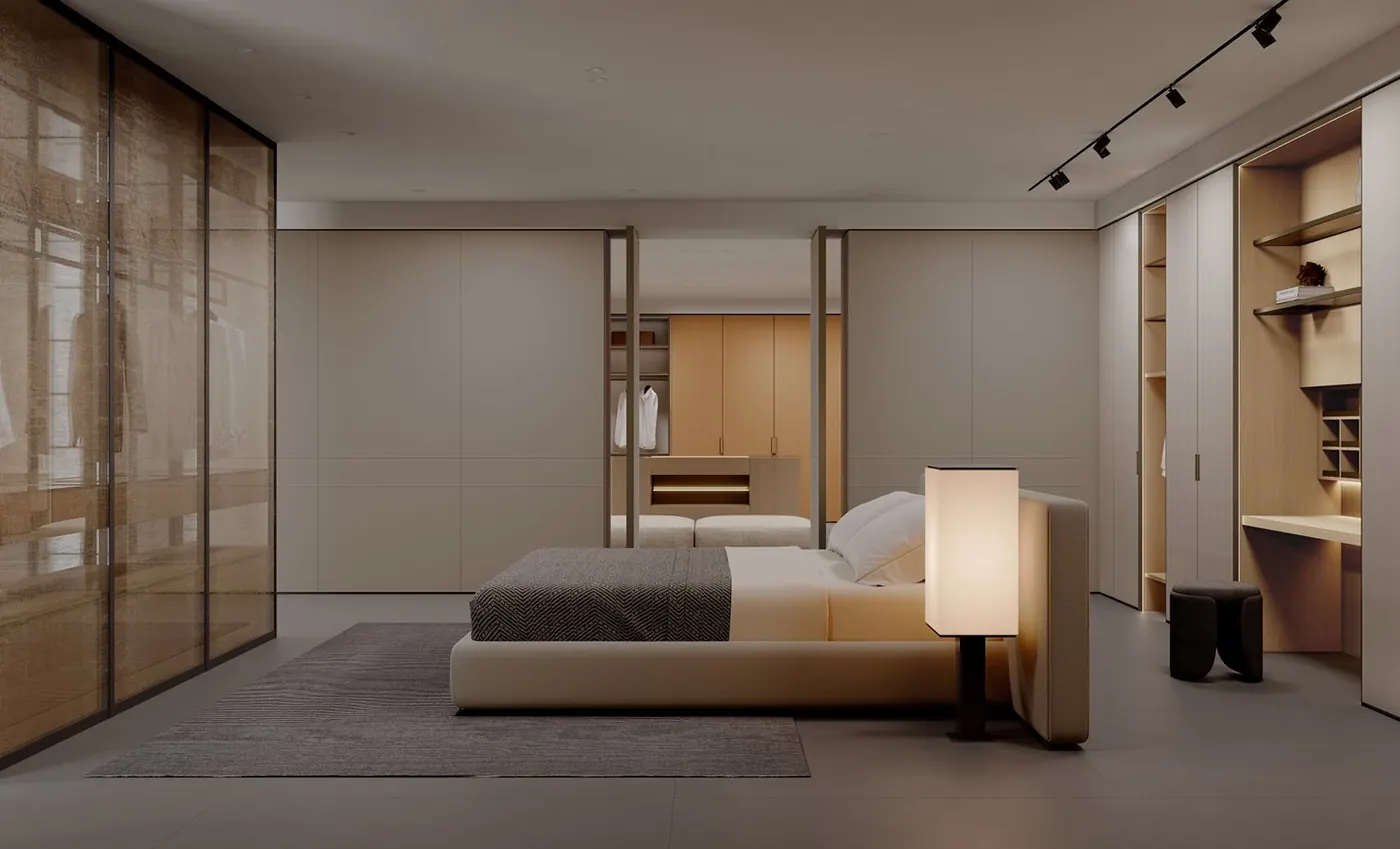 Amber glass wardrobe, bedroom installation