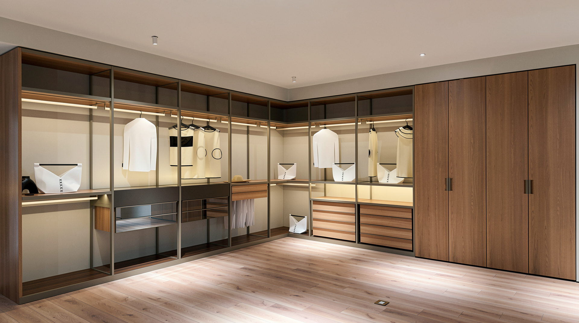 Modern Walk-In Wardrobe Closet Organizer with LED Lighting – Multi-Size Luxury Storage System