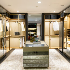 Luxury Walk-In Wardrobe Closet System with Glass Doors & Center Island – Available in Multiple Sizes