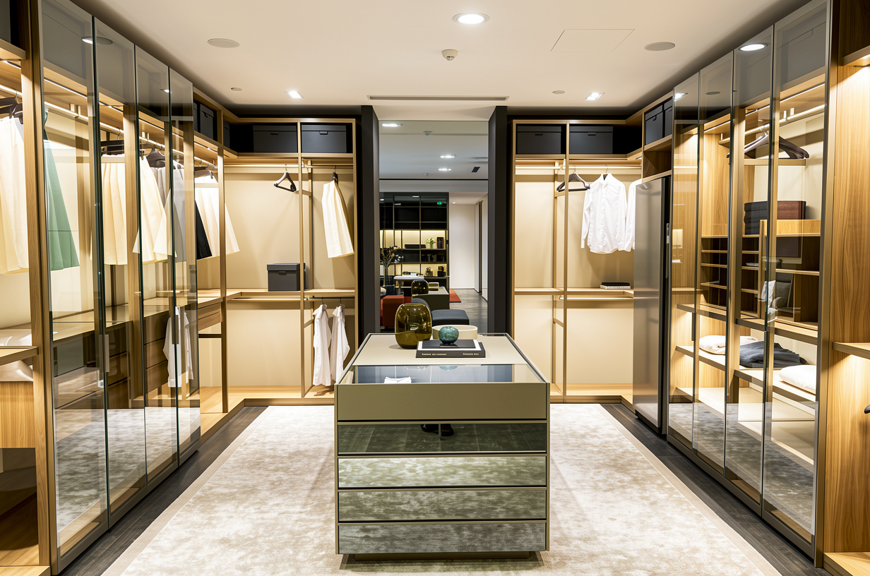 Luxury Walk-In Wardrobe Closet System with Glass Doors & Center Island – Available in Multiple Sizes